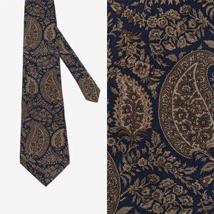 Aquascutum Mens 100% Silk Tie Navy Blue Beige Paisley Vintage